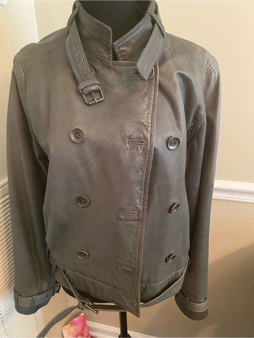 Joseph Gray Leather Double-Breasted Jacket with Belt